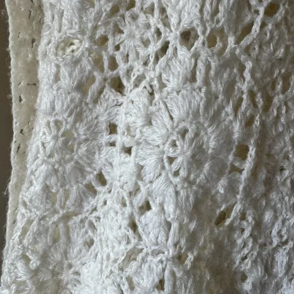 Handmade Crochet Shawl Wrap Ivory Fringe Boho Cottagecore - Picture 8 of 10